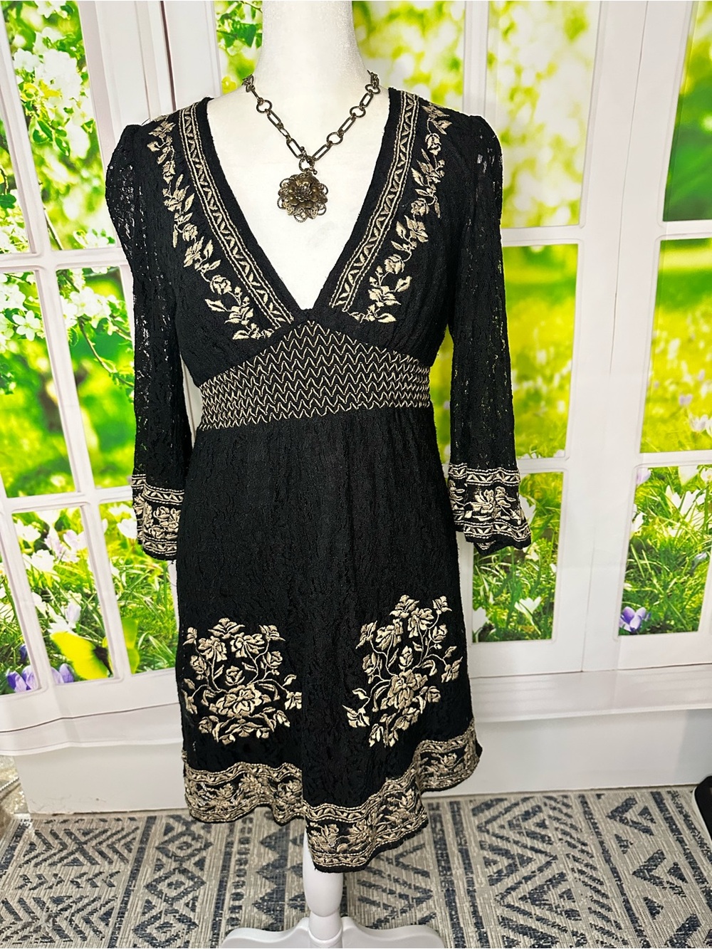Flying Tomato Black Dress with Cream Embroidery